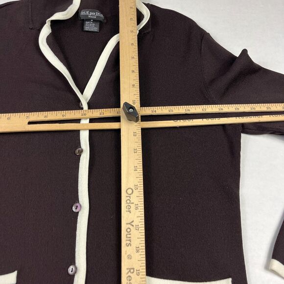 Due Per Due Veste Cardigan Sweater Brown Cream Contrast Trim Work Classic MEDIUM - Picture 7 of 9